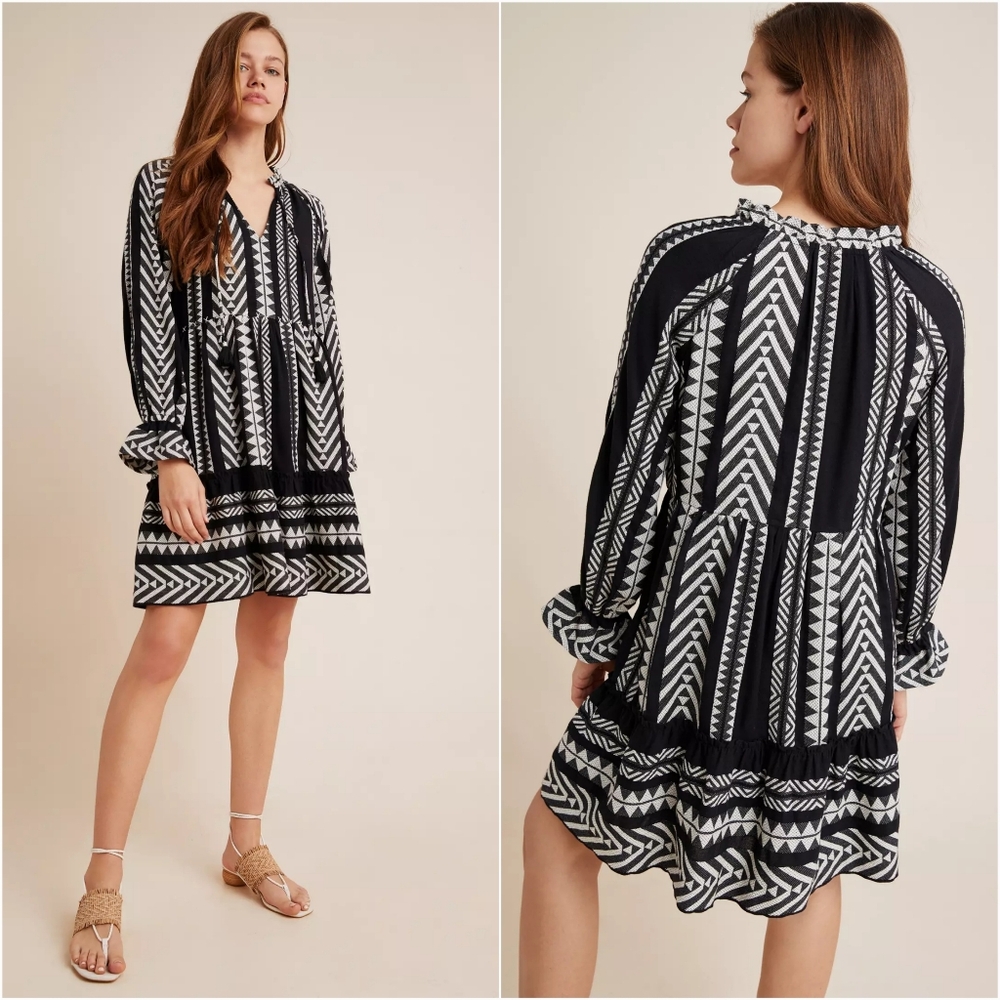 Anthropologie Maeve Womens Dress S Black White Geometric Dominique Tassel Boho